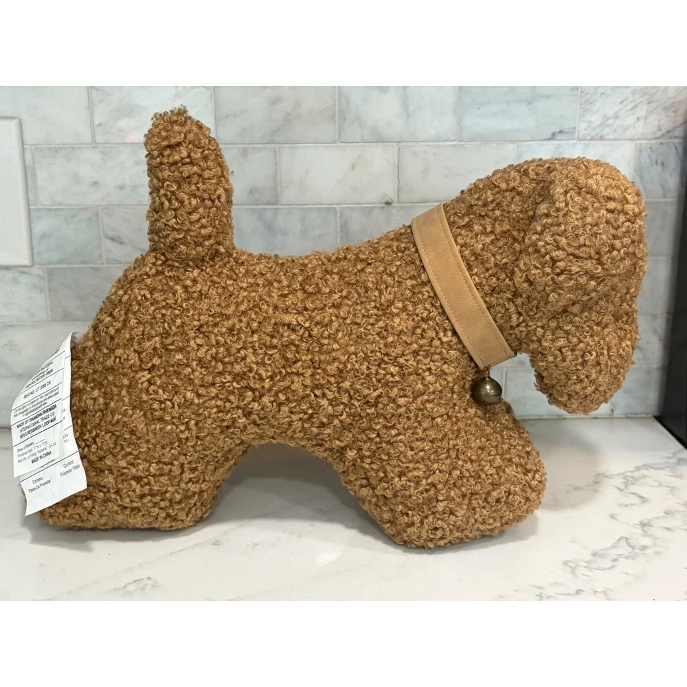 Pottery Barn Cozy Teddy Dog with Bell Faux Fur Pillow Camel Brown Sherpa NWT
